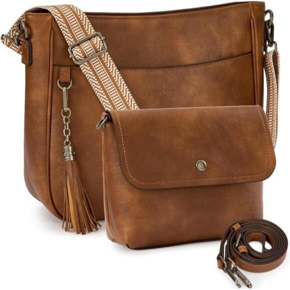 Crossbody Bags 2PCS/Set, Vegan Leather Light Brown - Picture 1 of 6